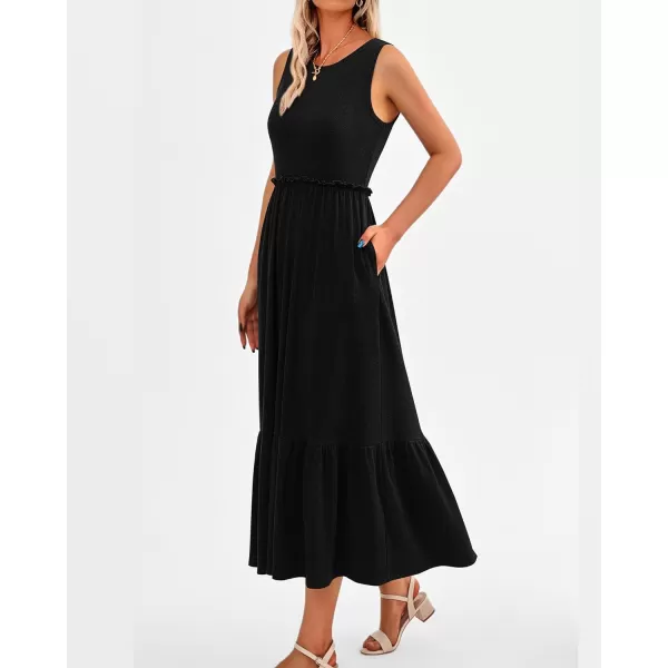 imageBTFBM Womens Casual Tank Dress Crewneck Boho Summer Sleeveless Sundress Ruffle Tiered Cocktail Midi Dresses with PocketsSolid Black