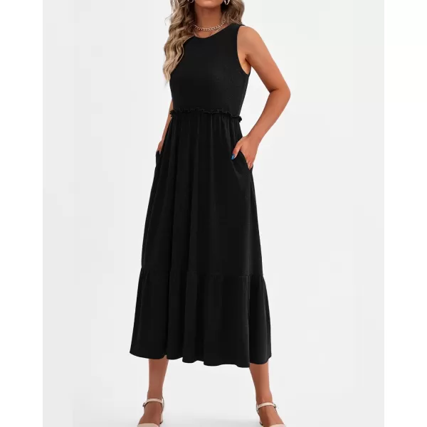imageBTFBM Womens Casual Tank Dress Crewneck Boho Summer Sleeveless Sundress Ruffle Tiered Cocktail Midi Dresses with PocketsSolid Black