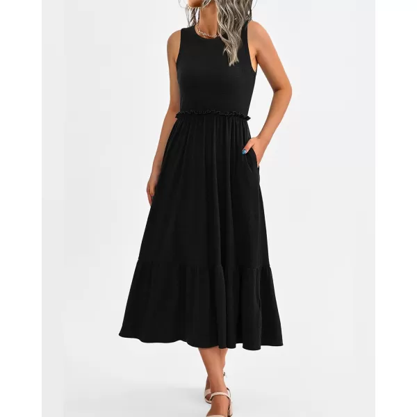 imageBTFBM Womens Casual Tank Dress Crewneck Boho Summer Sleeveless Sundress Ruffle Tiered Cocktail Midi Dresses with PocketsSolid Black