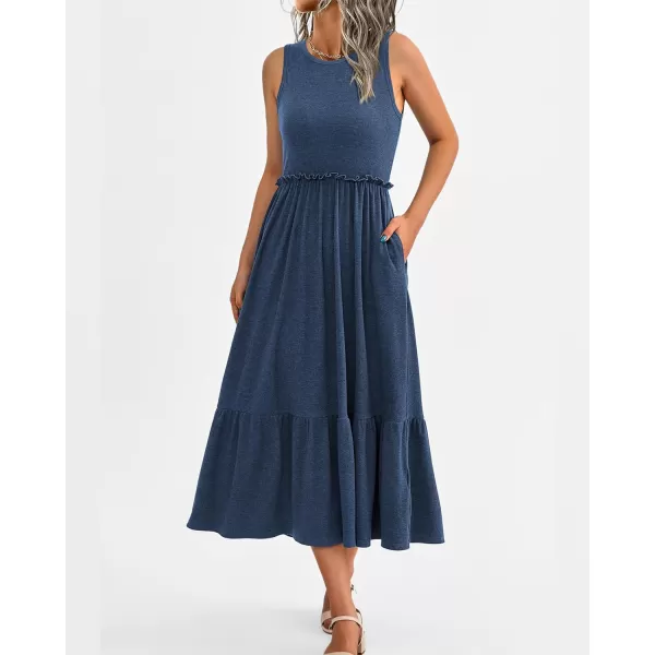 imageBTFBM Womens Casual Tank Dress Crewneck Boho Summer Sleeveless Sundress Ruffle Tiered Cocktail Midi Dresses with PocketsSolid Blue