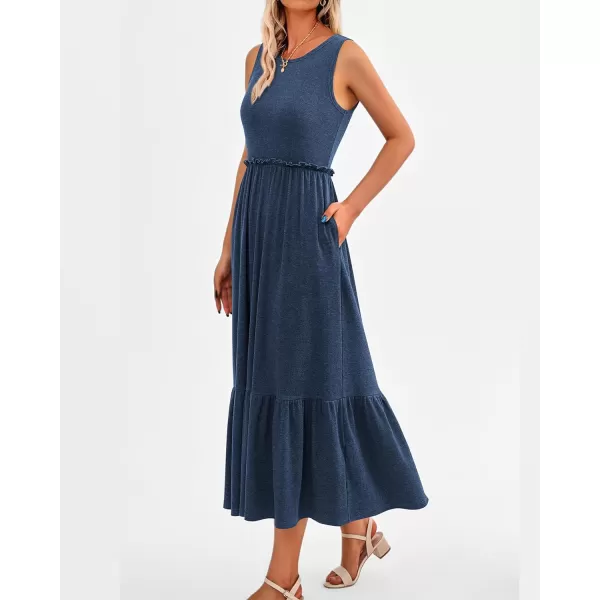 imageBTFBM Womens Casual Tank Dress Crewneck Boho Summer Sleeveless Sundress Ruffle Tiered Cocktail Midi Dresses with PocketsSolid Blue