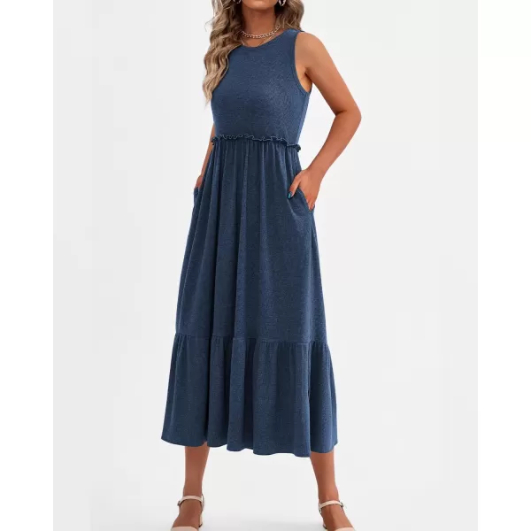 imageBTFBM Womens Casual Tank Dress Crewneck Boho Summer Sleeveless Sundress Ruffle Tiered Cocktail Midi Dresses with PocketsSolid Blue