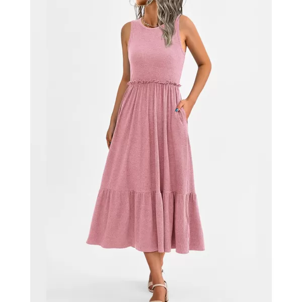 imageBTFBM Womens Casual Tank Dress Crewneck Boho Summer Sleeveless Sundress Ruffle Tiered Cocktail Midi Dresses with PocketsSolid Pink