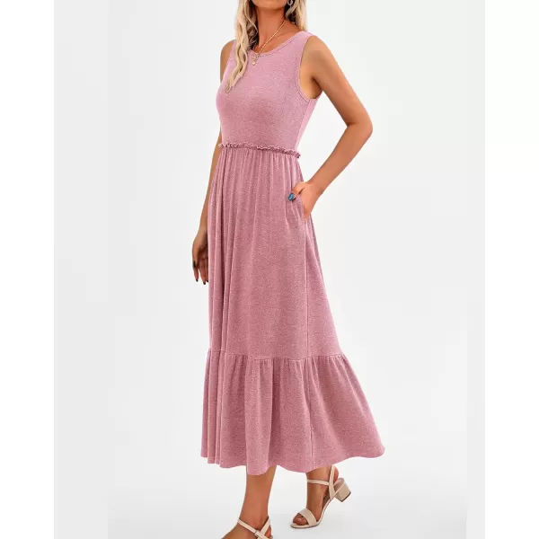 imageBTFBM Womens Casual Tank Dress Crewneck Boho Summer Sleeveless Sundress Ruffle Tiered Cocktail Midi Dresses with PocketsSolid Pink