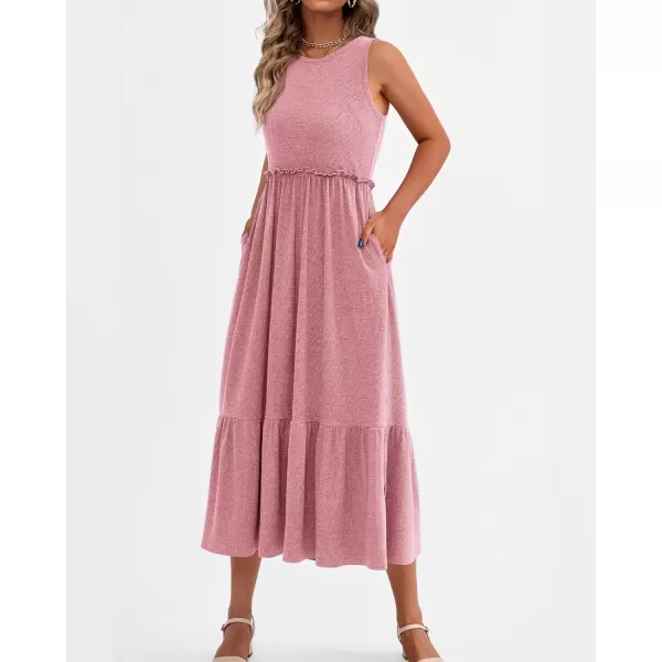 imageBTFBM Womens Casual Tank Dress Crewneck Boho Summer Sleeveless Sundress Ruffle Tiered Cocktail Midi Dresses with PocketsSolid Pink