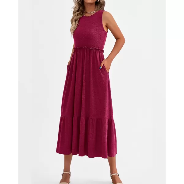 imageBTFBM Womens Casual Tank Dress Crewneck Boho Summer Sleeveless Sundress Ruffle Tiered Cocktail Midi Dresses with PocketsSolid Wine Red