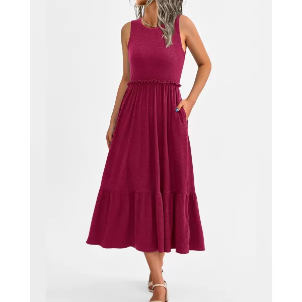 imageBTFBM Womens Casual Tank Dress Crewneck Boho Summer Sleeveless Sundress Ruffle Tiered Cocktail Midi Dresses with PocketsSolid Wine Red