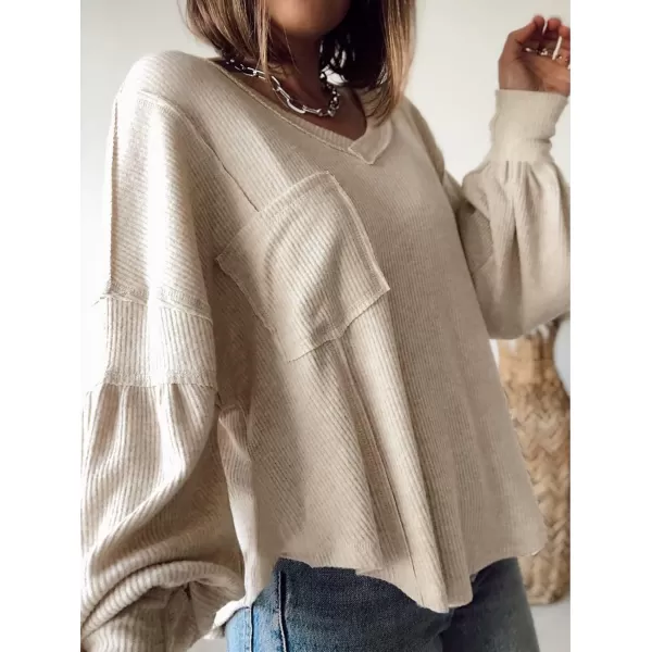 imageBTFBM Womens Casual V Neck Ribbed Knitted Shirts Pullover Tunic Tops Loose Balloon Sleeve Solid Color Blouses TopSolid Apricot