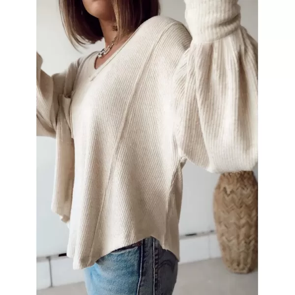 imageBTFBM Womens Casual V Neck Ribbed Knitted Shirts Pullover Tunic Tops Loose Balloon Sleeve Solid Color Blouses TopSolid Apricot