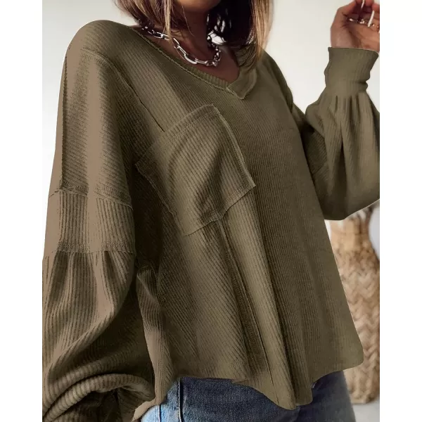 imageBTFBM Womens Casual V Neck Ribbed Knitted Shirts Pullover Tunic Tops Loose Balloon Sleeve Solid Color Blouses TopSolid Army Green