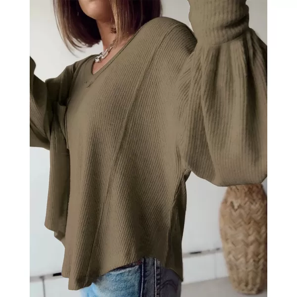 imageBTFBM Womens Casual V Neck Ribbed Knitted Shirts Pullover Tunic Tops Loose Balloon Sleeve Solid Color Blouses TopSolid Army Green
