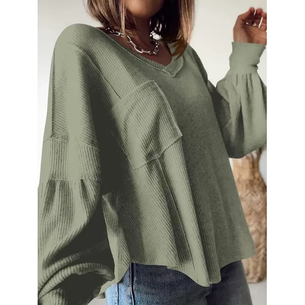 imageBTFBM Womens Casual V Neck Ribbed Knitted Shirts Pullover Tunic Tops Loose Balloon Sleeve Solid Color Blouses TopSolid Bean Green