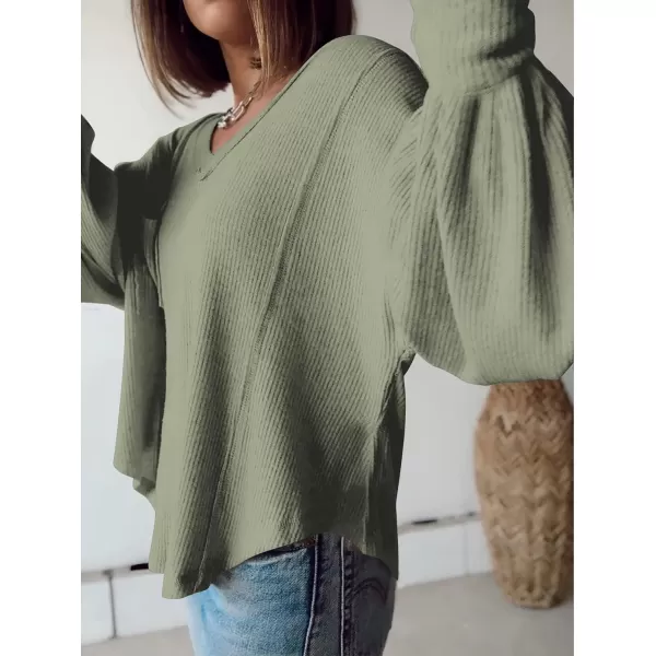 imageBTFBM Womens Casual V Neck Ribbed Knitted Shirts Pullover Tunic Tops Loose Balloon Sleeve Solid Color Blouses TopSolid Bean Green