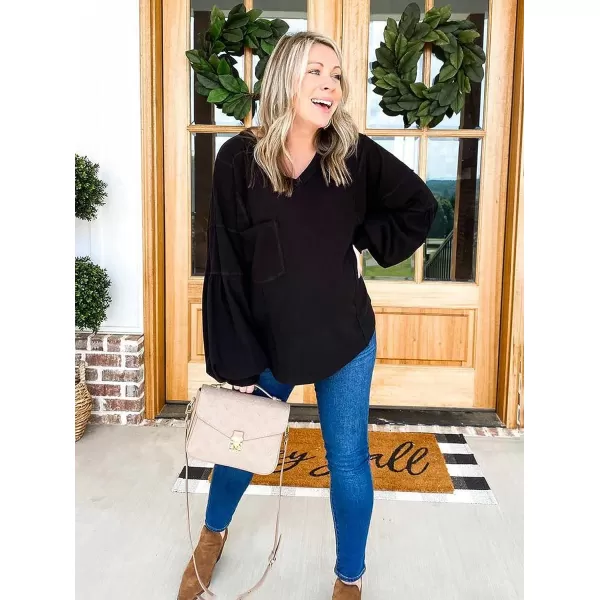 imageBTFBM Womens Casual V Neck Ribbed Knitted Shirts Pullover Tunic Tops Loose Balloon Sleeve Solid Color Blouses TopSolid Black