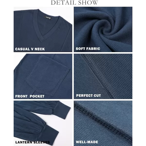 imageBTFBM Womens Casual V Neck Ribbed Knitted Shirts Pullover Tunic Tops Loose Balloon Sleeve Solid Color Blouses TopSolid Black