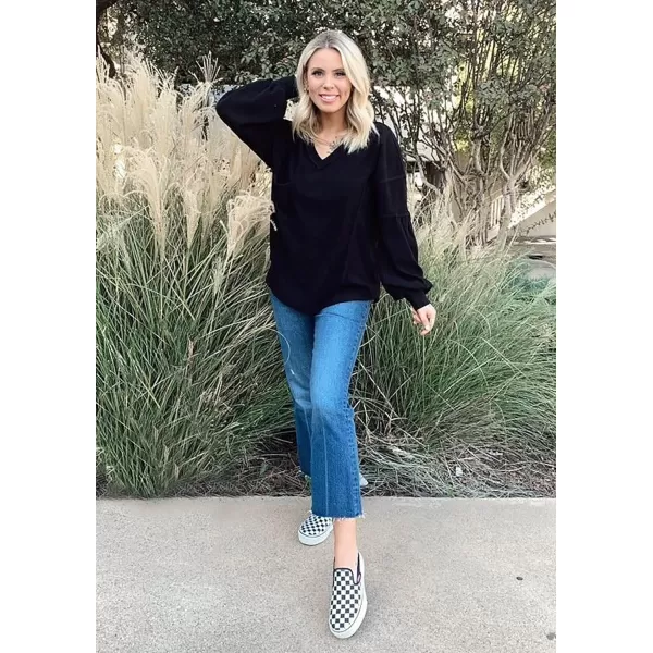 imageBTFBM Womens Casual V Neck Ribbed Knitted Shirts Pullover Tunic Tops Loose Balloon Sleeve Solid Color Blouses TopSolid Black