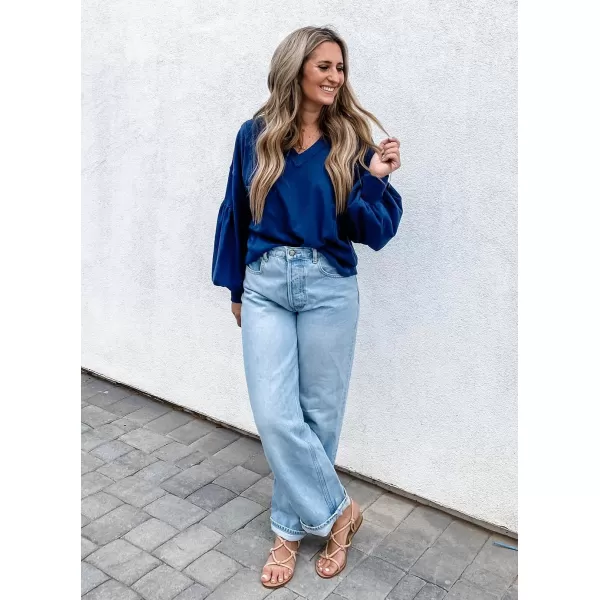 imageBTFBM Womens Casual V Neck Ribbed Knitted Shirts Pullover Tunic Tops Loose Balloon Sleeve Solid Color Blouses TopSolid Blue