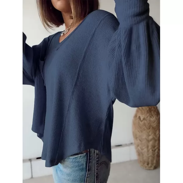 imageBTFBM Womens Casual V Neck Ribbed Knitted Shirts Pullover Tunic Tops Loose Balloon Sleeve Solid Color Blouses TopSolid Blue