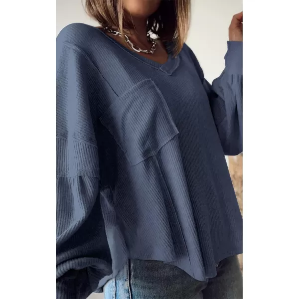 imageBTFBM Womens Casual V Neck Ribbed Knitted Shirts Pullover Tunic Tops Loose Balloon Sleeve Solid Color Blouses TopSolid Blue