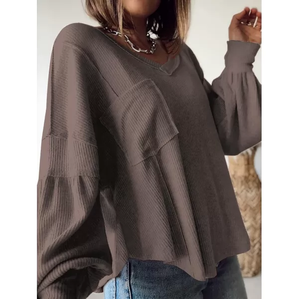 imageBTFBM Womens Casual V Neck Ribbed Knitted Shirts Pullover Tunic Tops Loose Balloon Sleeve Solid Color Blouses TopSolid Brown