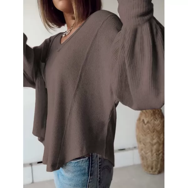 imageBTFBM Womens Casual V Neck Ribbed Knitted Shirts Pullover Tunic Tops Loose Balloon Sleeve Solid Color Blouses TopSolid Brown