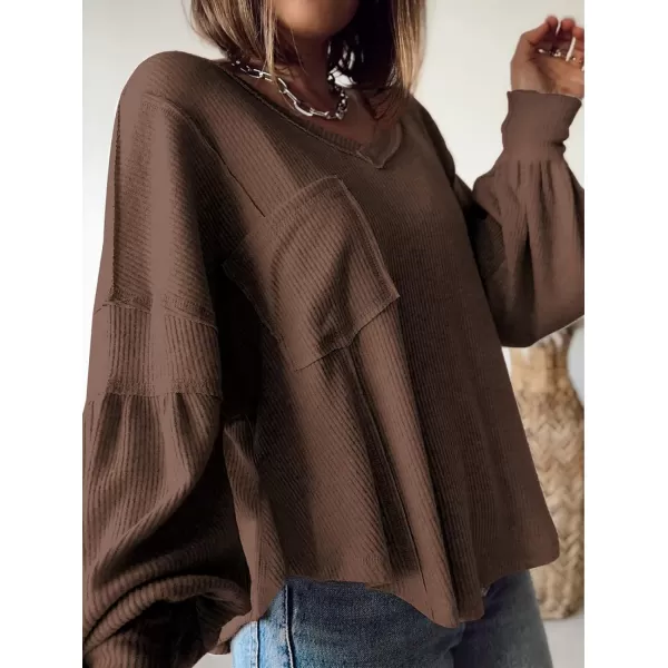 imageBTFBM Womens Casual V Neck Ribbed Knitted Shirts Pullover Tunic Tops Loose Balloon Sleeve Solid Color Blouses TopSolid Caramel