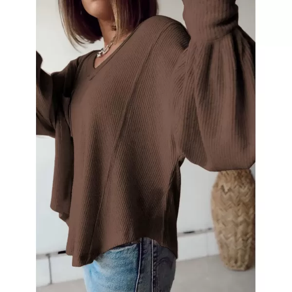 imageBTFBM Womens Casual V Neck Ribbed Knitted Shirts Pullover Tunic Tops Loose Balloon Sleeve Solid Color Blouses TopSolid Caramel