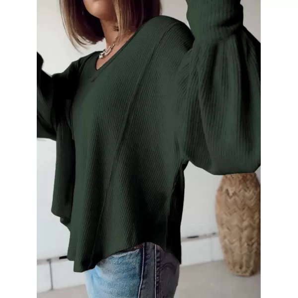 imageBTFBM Womens Casual V Neck Ribbed Knitted Shirts Pullover Tunic Tops Loose Balloon Sleeve Solid Color Blouses TopSolid Dark Army Green