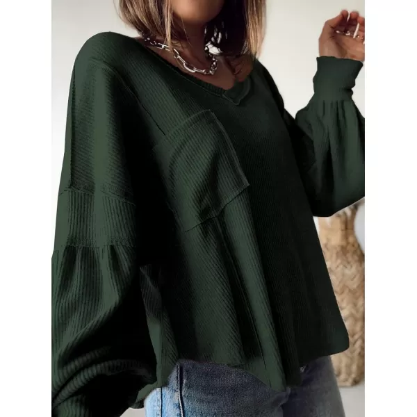 imageBTFBM Womens Casual V Neck Ribbed Knitted Shirts Pullover Tunic Tops Loose Balloon Sleeve Solid Color Blouses TopSolid Dark Army Green