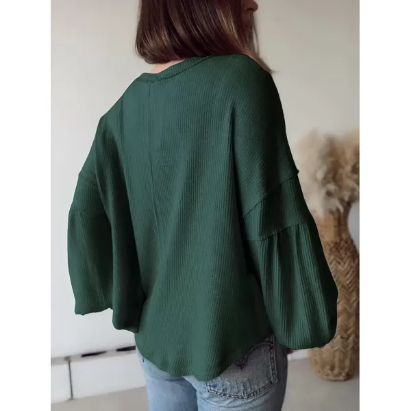 imageBTFBM Womens Casual V Neck Ribbed Knitted Shirts Pullover Tunic Tops Loose Balloon Sleeve Solid Color Blouses TopSolid Dark Green