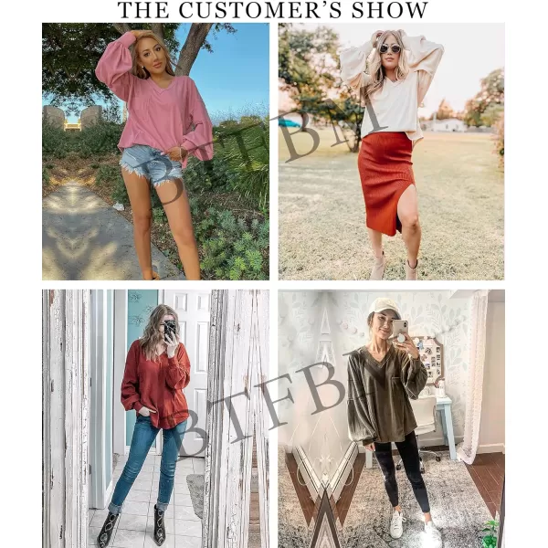 imageBTFBM Womens Casual V Neck Ribbed Knitted Shirts Pullover Tunic Tops Loose Balloon Sleeve Solid Color Blouses TopSolid Dark Green