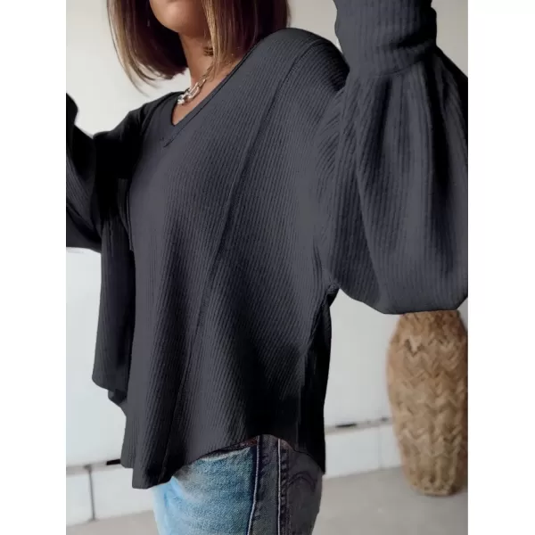 imageBTFBM Womens Casual V Neck Ribbed Knitted Shirts Pullover Tunic Tops Loose Balloon Sleeve Solid Color Blouses TopSolid Dark Grey