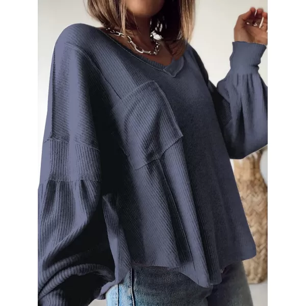 imageBTFBM Womens Casual V Neck Ribbed Knitted Shirts Pullover Tunic Tops Loose Balloon Sleeve Solid Color Blouses TopSolid Dark Grey Blue