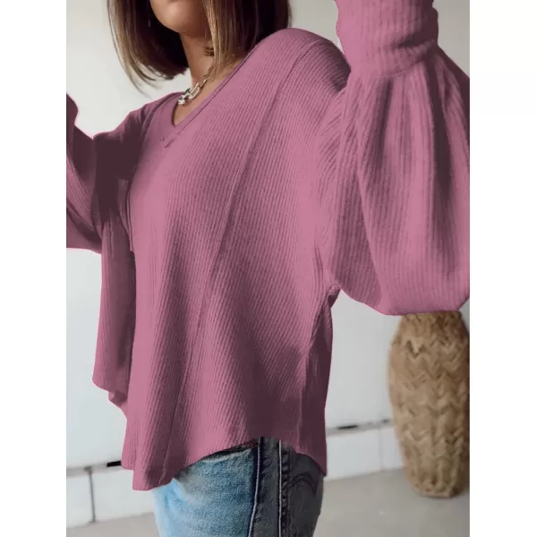 imageBTFBM Womens Casual V Neck Ribbed Knitted Shirts Pullover Tunic Tops Loose Balloon Sleeve Solid Color Blouses TopSolid Dusty Pink
