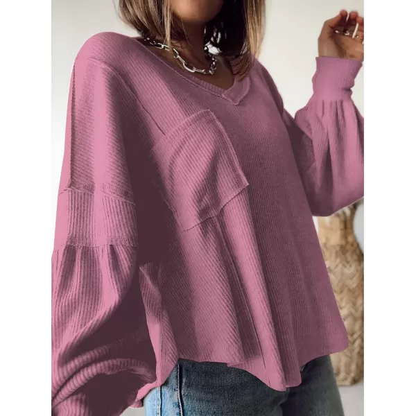 imageBTFBM Womens Casual V Neck Ribbed Knitted Shirts Pullover Tunic Tops Loose Balloon Sleeve Solid Color Blouses TopSolid Dusty Pink