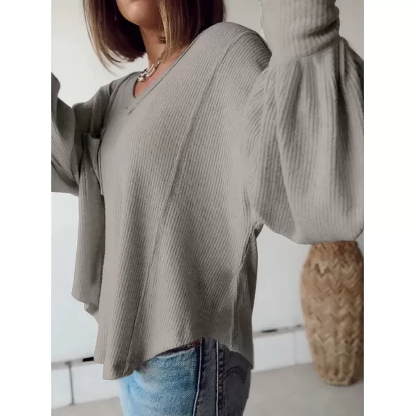 imageBTFBM Womens Casual V Neck Ribbed Knitted Shirts Pullover Tunic Tops Loose Balloon Sleeve Solid Color Blouses TopSolid Grey