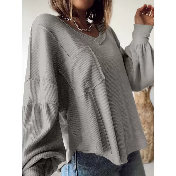 imageBTFBM Womens Casual V Neck Ribbed Knitted Shirts Pullover Tunic Tops Loose Balloon Sleeve Solid Color Blouses TopSolid Grey