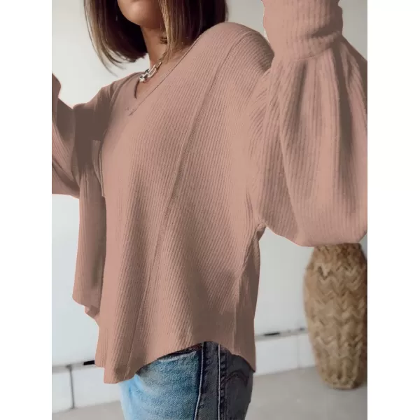 imageBTFBM Womens Casual V Neck Ribbed Knitted Shirts Pullover Tunic Tops Loose Balloon Sleeve Solid Color Blouses TopSolid Khaki
