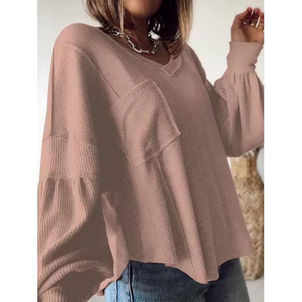 imageBTFBM Womens Casual V Neck Ribbed Knitted Shirts Pullover Tunic Tops Loose Balloon Sleeve Solid Color Blouses TopSolid Khaki