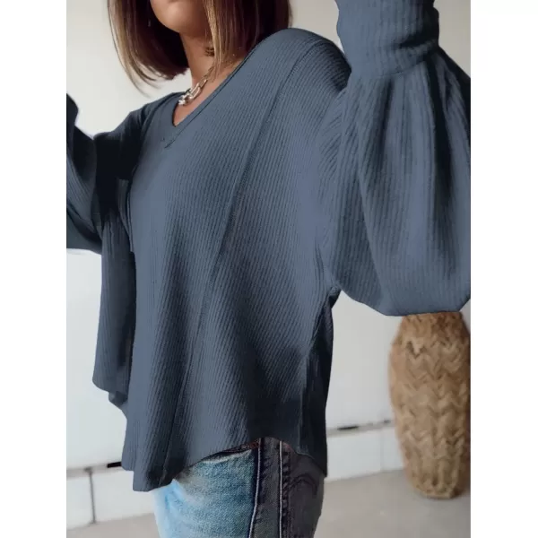 imageBTFBM Womens Casual V Neck Ribbed Knitted Shirts Pullover Tunic Tops Loose Balloon Sleeve Solid Color Blouses TopSolid Light Grey Blue