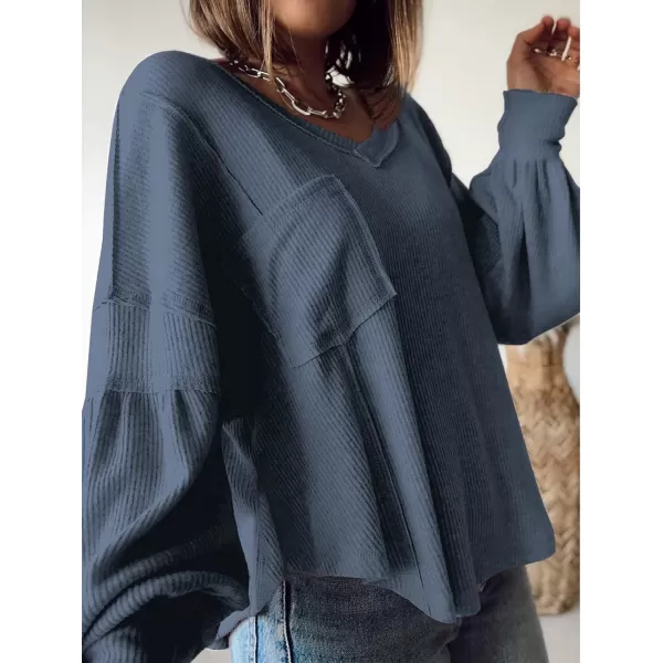 imageBTFBM Womens Casual V Neck Ribbed Knitted Shirts Pullover Tunic Tops Loose Balloon Sleeve Solid Color Blouses TopSolid Light Grey Blue
