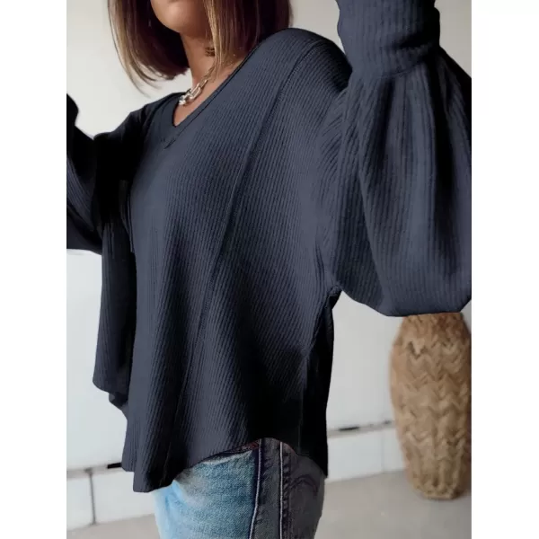 imageBTFBM Womens Casual V Neck Ribbed Knitted Shirts Pullover Tunic Tops Loose Balloon Sleeve Solid Color Blouses TopSolid Navy