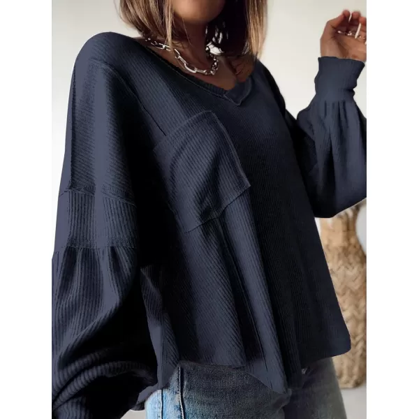 imageBTFBM Womens Casual V Neck Ribbed Knitted Shirts Pullover Tunic Tops Loose Balloon Sleeve Solid Color Blouses TopSolid Navy