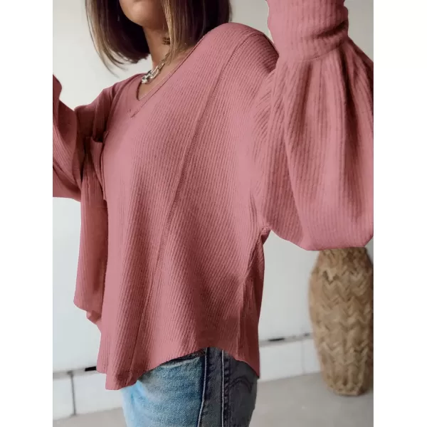 imageBTFBM Womens Casual V Neck Ribbed Knitted Shirts Pullover Tunic Tops Loose Balloon Sleeve Solid Color Blouses TopSolid Pink