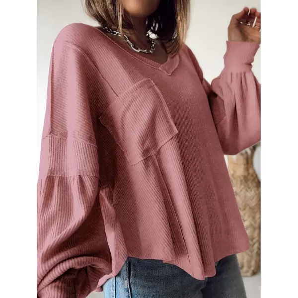 imageBTFBM Womens Casual V Neck Ribbed Knitted Shirts Pullover Tunic Tops Loose Balloon Sleeve Solid Color Blouses TopSolid Pink