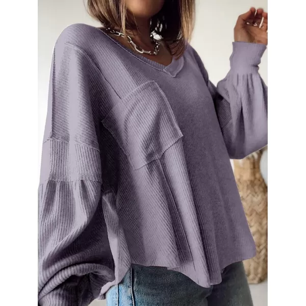 imageBTFBM Womens Casual V Neck Ribbed Knitted Shirts Pullover Tunic Tops Loose Balloon Sleeve Solid Color Blouses TopSolid Taro Purple