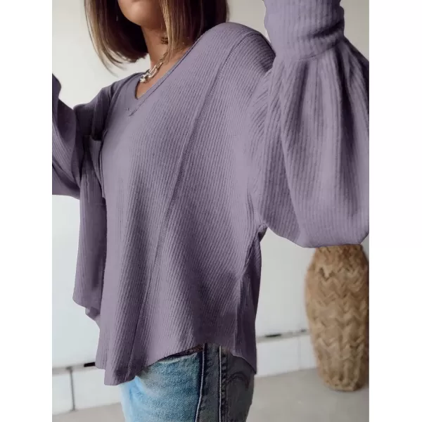 imageBTFBM Womens Casual V Neck Ribbed Knitted Shirts Pullover Tunic Tops Loose Balloon Sleeve Solid Color Blouses TopSolid Taro Purple