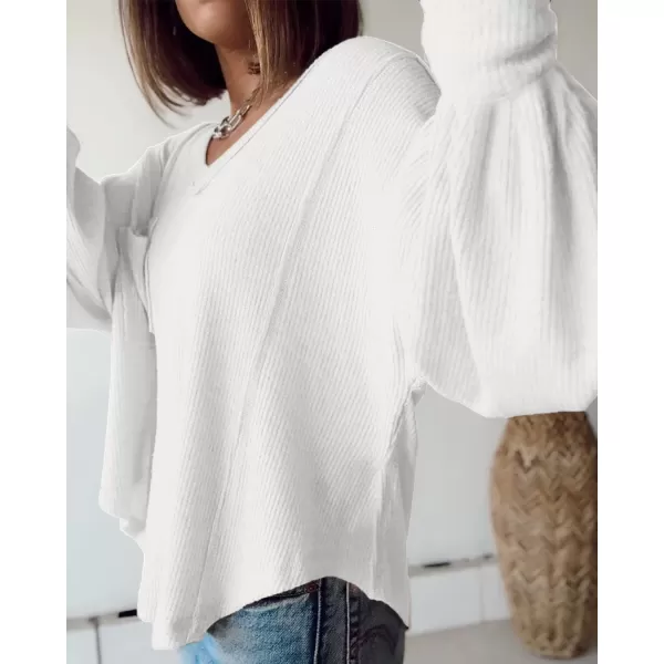 imageBTFBM Womens Casual V Neck Ribbed Knitted Shirts Pullover Tunic Tops Loose Balloon Sleeve Solid Color Blouses TopSolid White