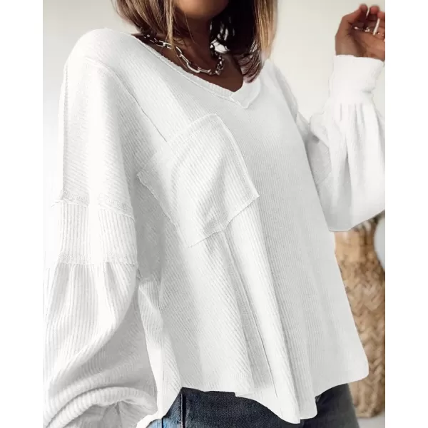 imageBTFBM Womens Casual V Neck Ribbed Knitted Shirts Pullover Tunic Tops Loose Balloon Sleeve Solid Color Blouses TopSolid White