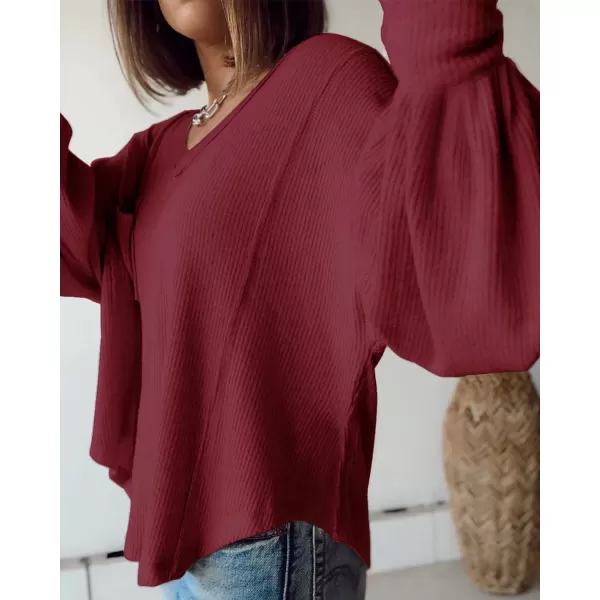 imageBTFBM Womens Casual V Neck Ribbed Knitted Shirts Pullover Tunic Tops Loose Balloon Sleeve Solid Color Blouses TopSolid Wine Red